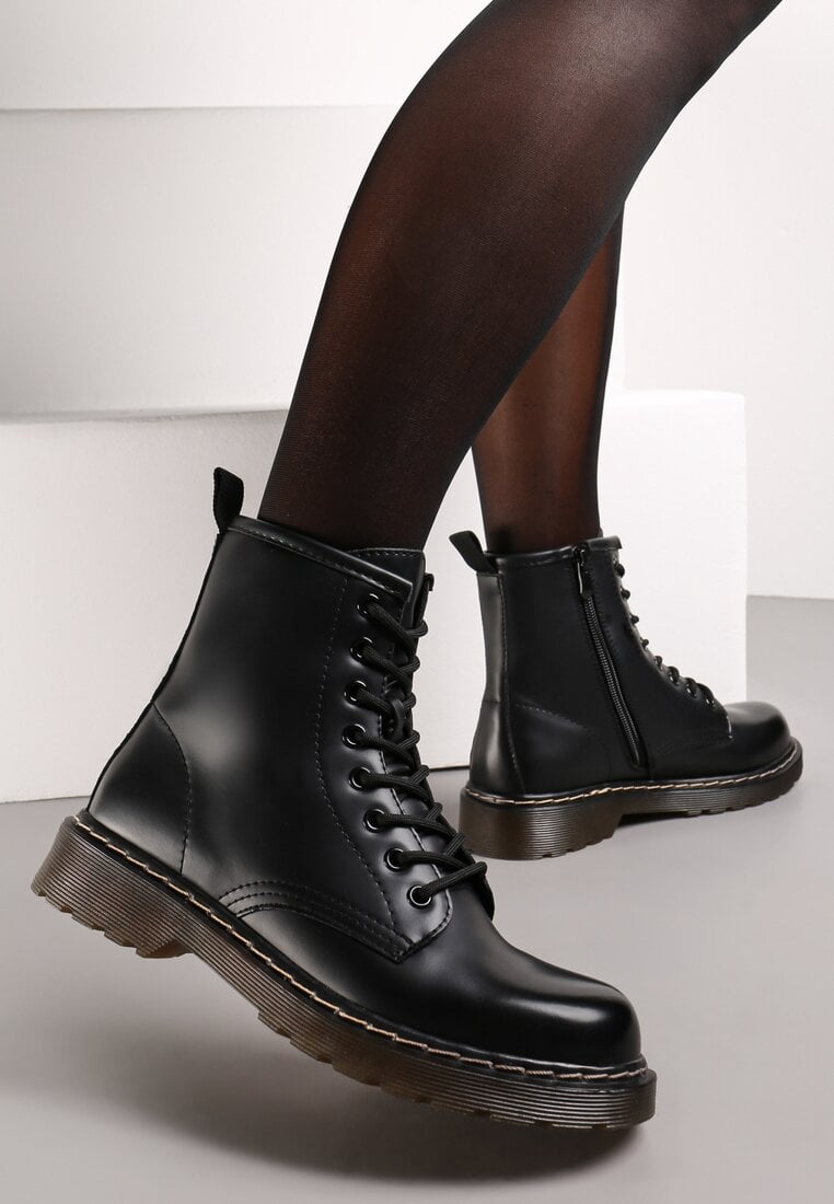 Botine Negre Stil Worker pe Talpă Groasă Inroca
