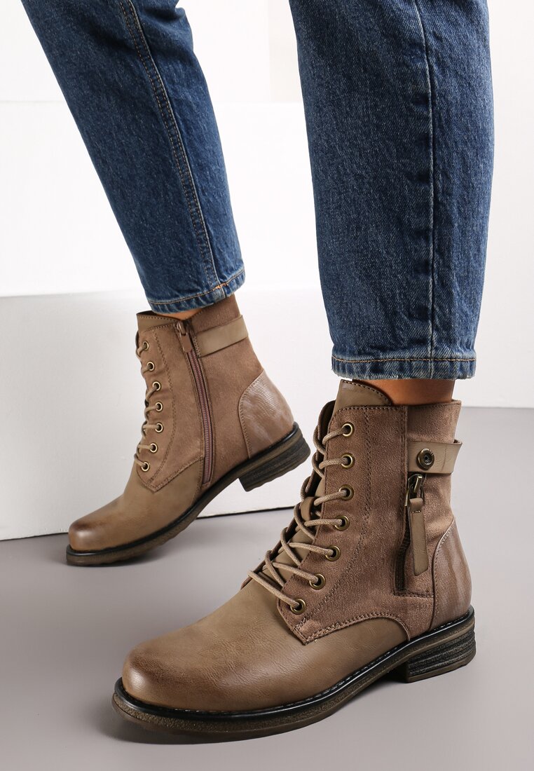 Ghete stil worker bej închis decorate cu fermoar și inserții din imitație de piele întoarsă Esanotte