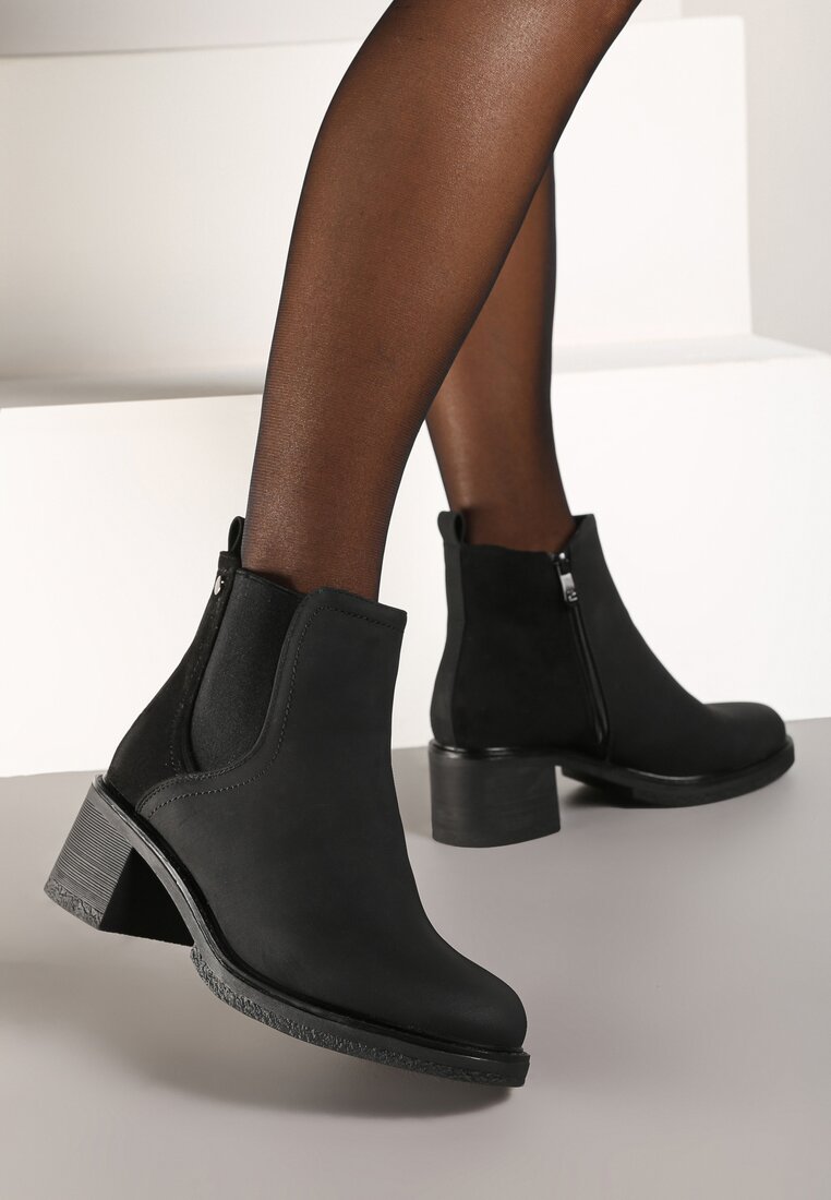 Botine Negre cu toc bloc din piele întoarsă ecologică Otielo