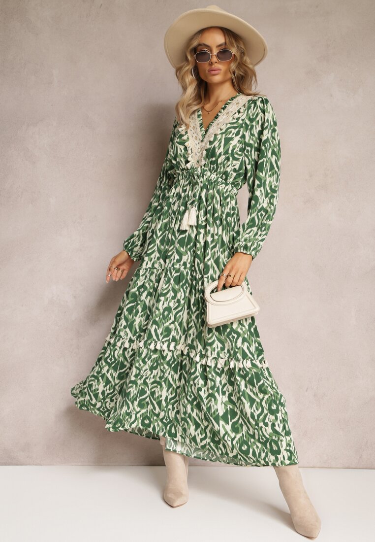 Rochie Cloș Verde cu elastic în talie și inserție ajurată Margotta