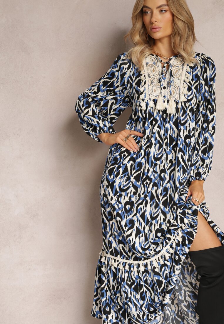 Rochie Albastru-Bleumarin Evazată Maxi cu Volan Maruerilla