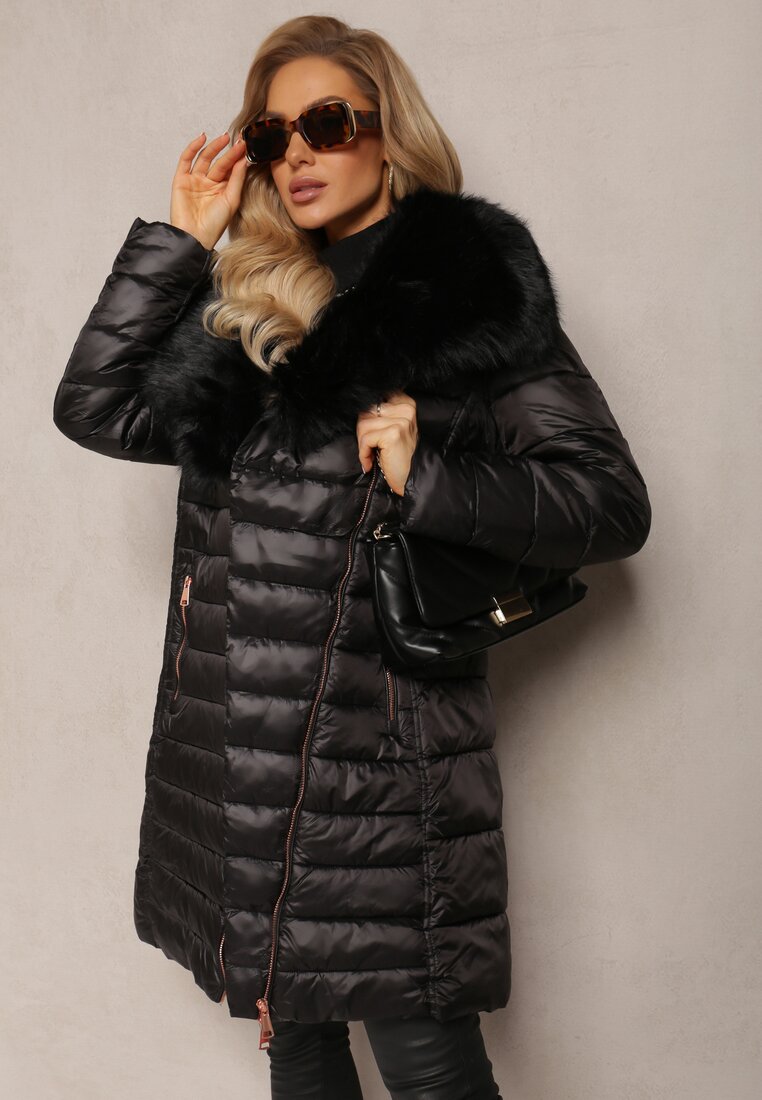 Jachetă Neagră Lungă Decorată Cu Blană la Guler și Cu Matlasare Novenna