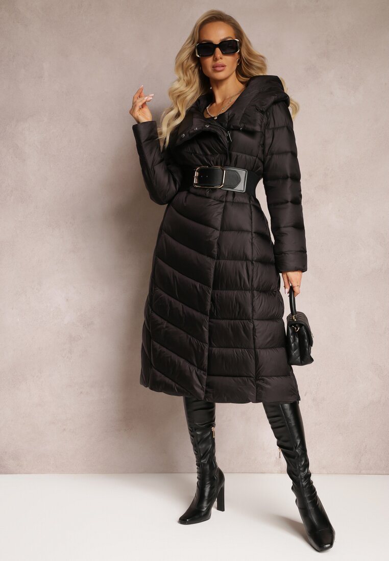 Jachetă Palton Neagră Lungă cu matlasare și glugă Tittonna