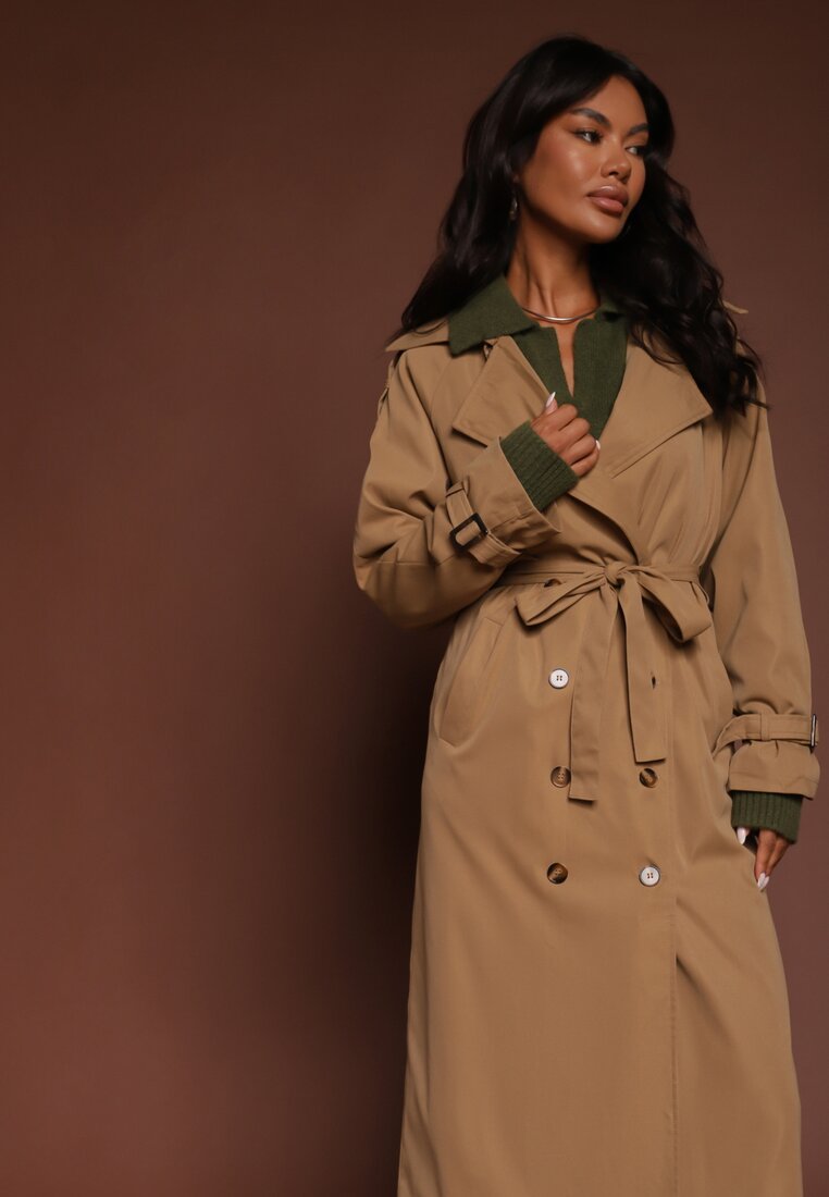 Palton Maro deschis cu croi alungit tip trenci cu nasturi și curea Dennime