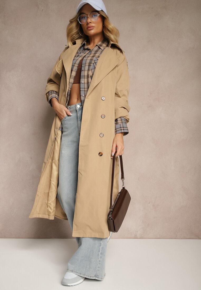 Palton Bej cu croială lungă tip trenci cu nasturi și curea Dennime