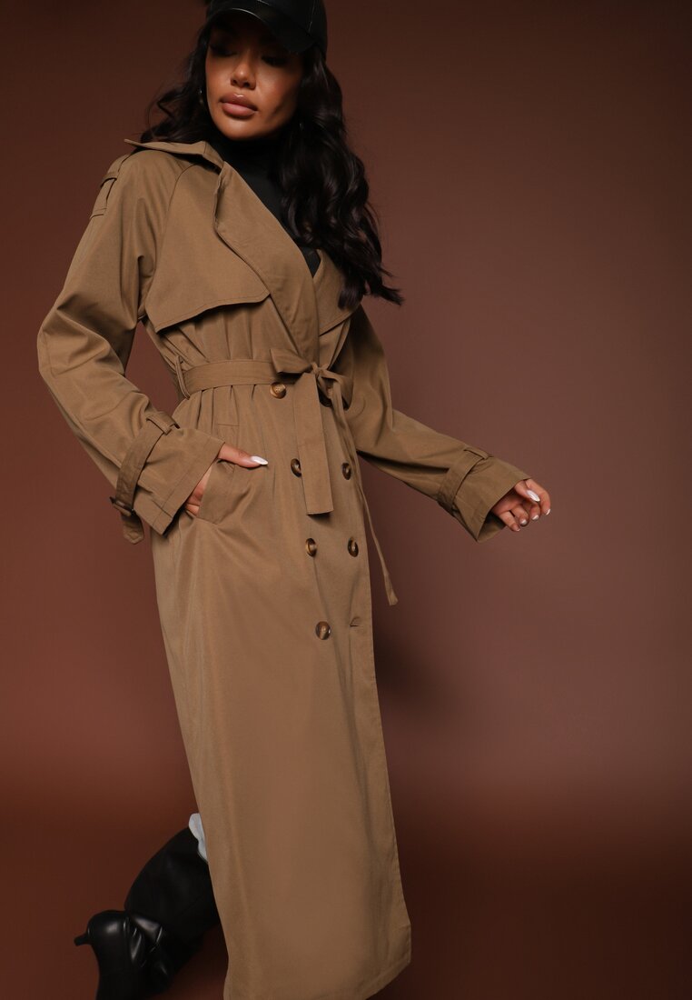 Palton Maro-Verde cu croială alungită tip trench cu nasturi și cordon Dennime