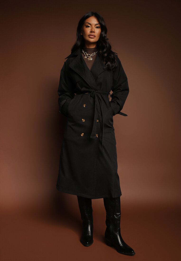 Trenci negru lung cu nasturi și curea Dennime