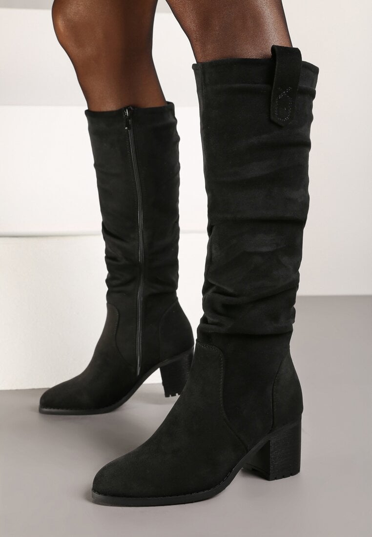 Cizme Negre pe Toc Gros Clasic din Imitație de Piele Întoarsă Misokse