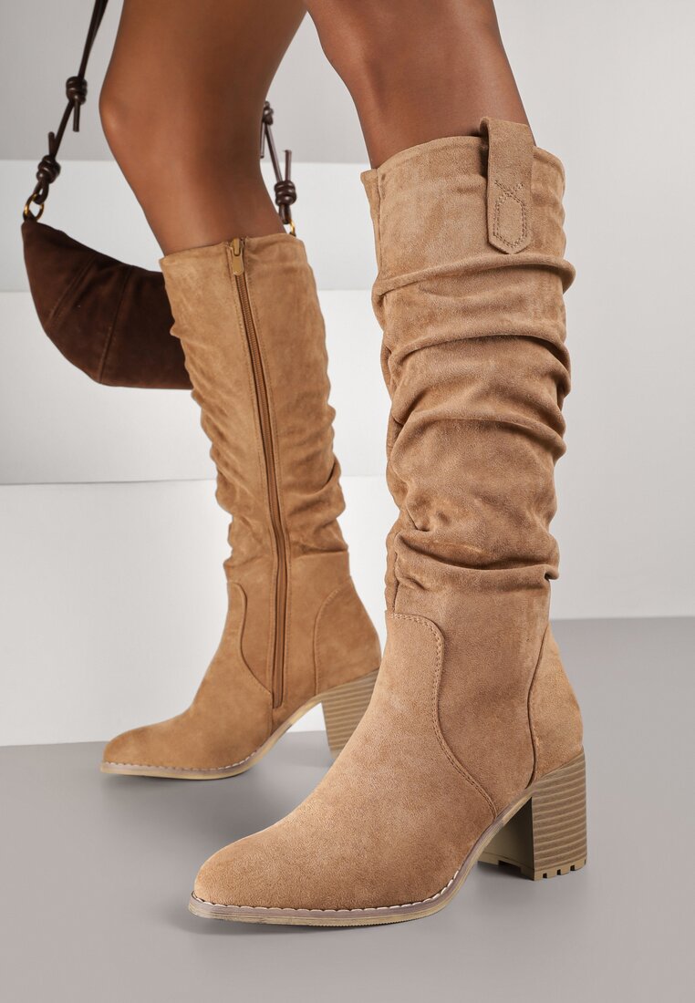 Cizme bej închis peste genunchi cu toc gros Cersinda