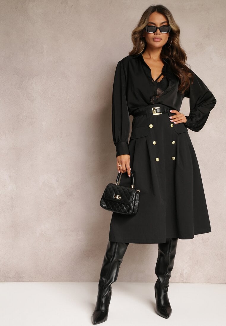 Fustă Neagră Cloș Midi cu centură din piele ecologică și cu nasturi decorativi Lidias