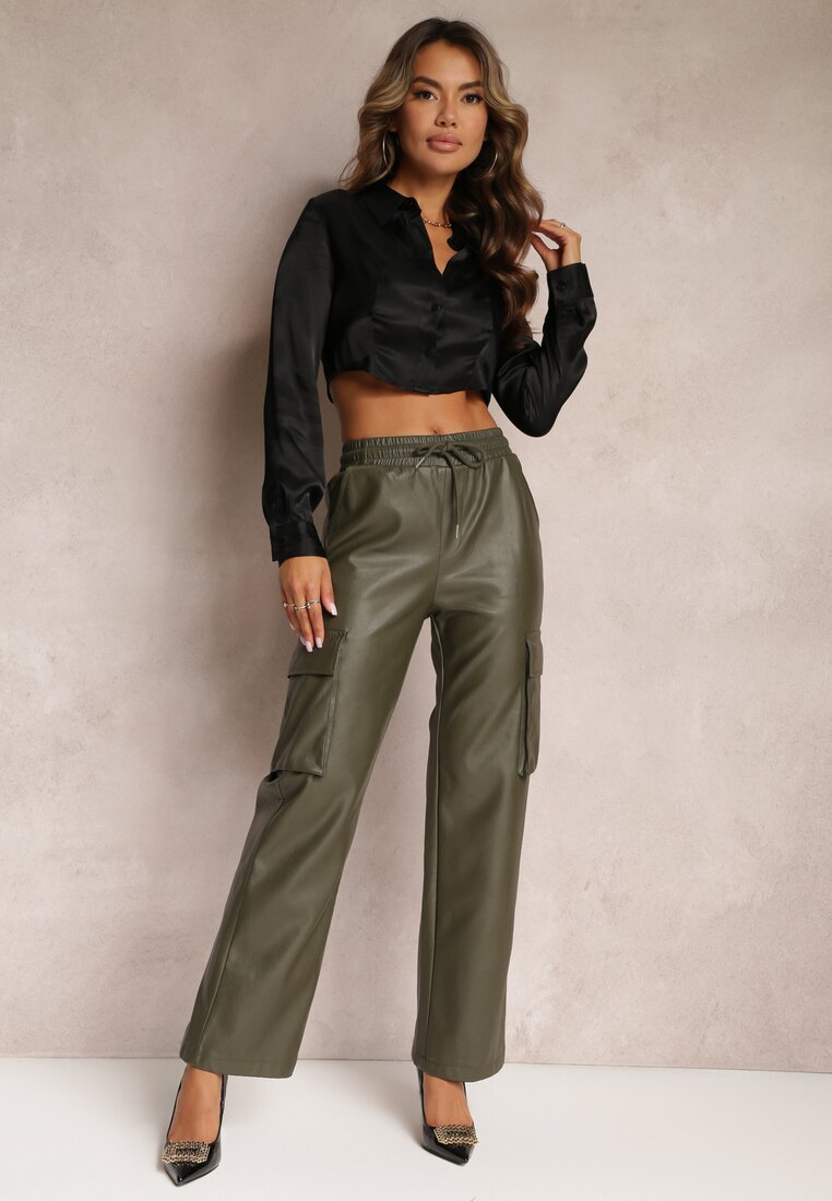 Pantaloni Largi Verde închis stil Cargo cu Buzunare cu Clape Mixana