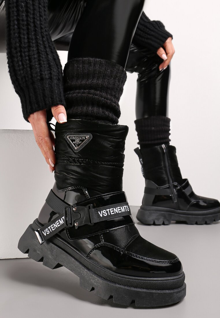 Cizme de zăpadă Negre Lăcuite cu Benzi cu Inscripții Ermanno