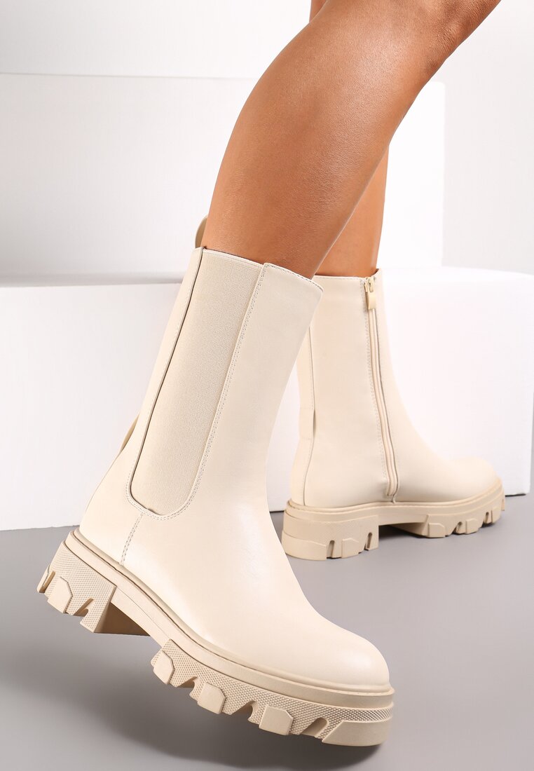 Botine Chelsea Bej Stil Chunky cu Lanț Retrona