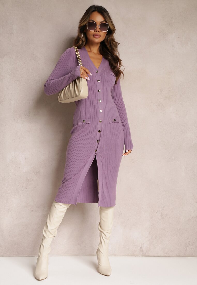 Rochie Violetă Tricotată cu nasturi Gricrana