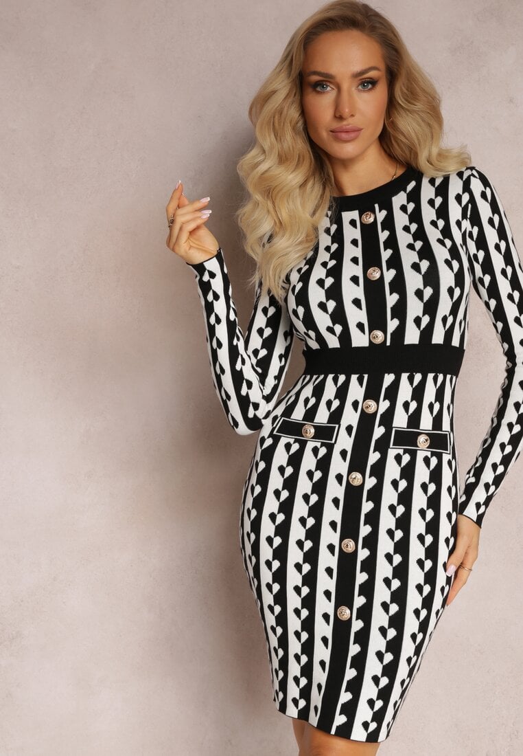 Rochie Albă Croită Tricotată cu Model Geometrice Grimau