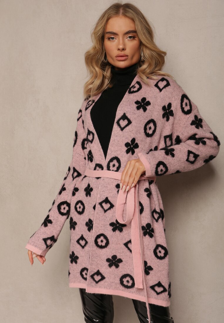 Cardigan Roz cu Cordon Legat Decorat cu Model Floral Timonen