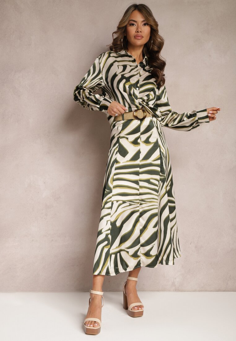 Fustă Lungă Verde-Bej cu curea împletită decorată cu imprimeu animal Gabas