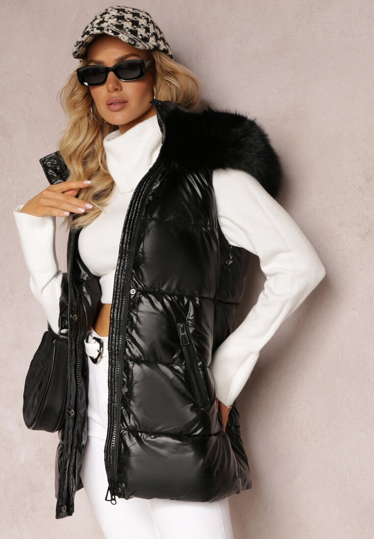 Vestă Matlasată Neagră cu Glugă și Blană Decorativă Alephne