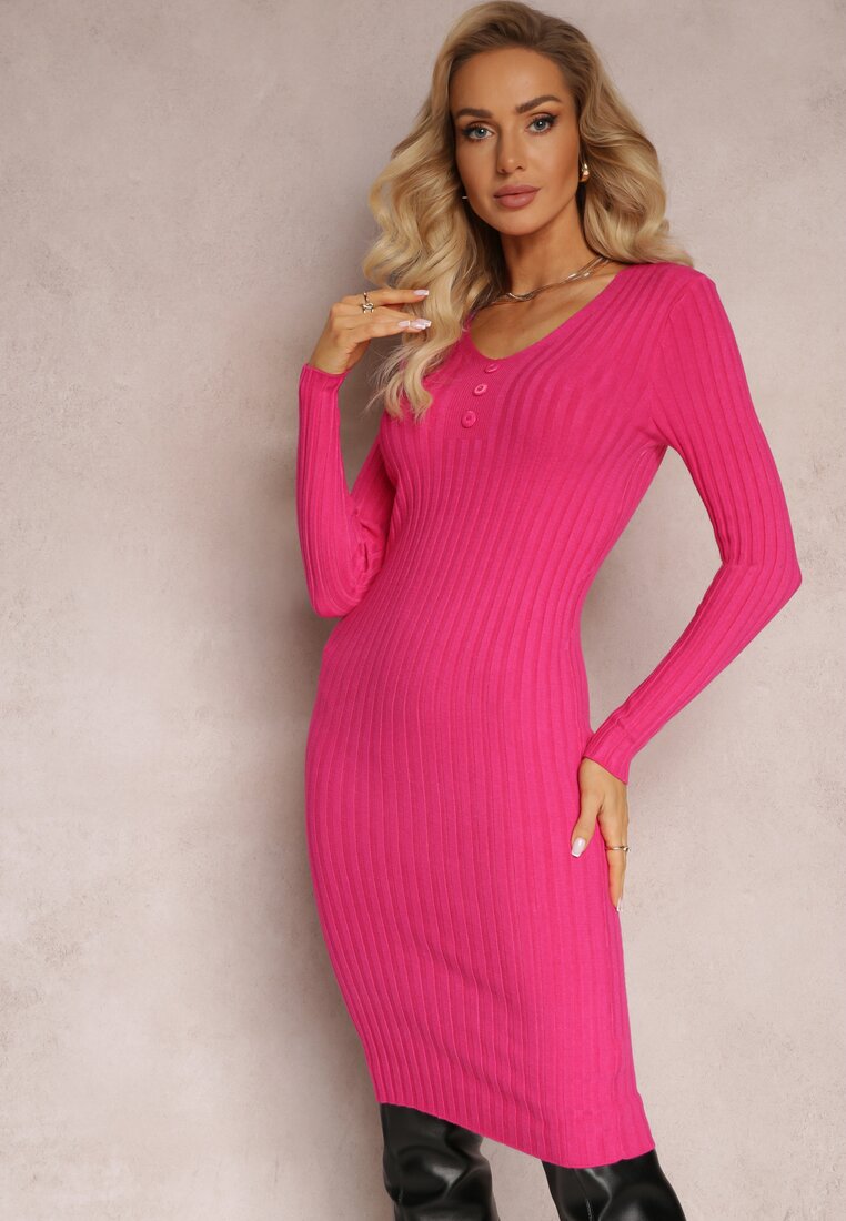 Rochie Tricotată Mulată Fucsia cu Centură Greviana
