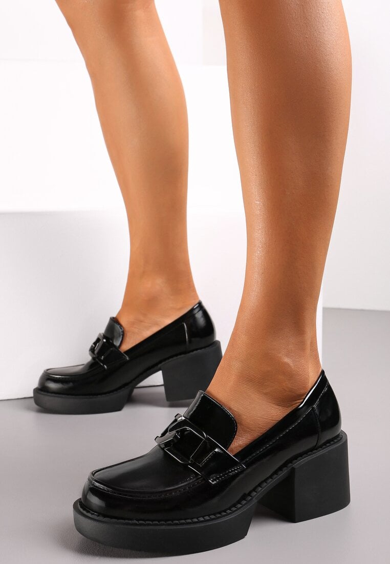 Pantofi Negri Lăcuiți Stil Mocasini cu Toc cu Branț din Piele Sahali