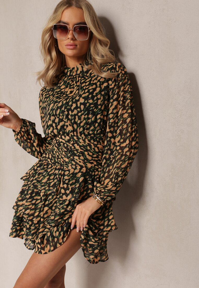 Rochie Mini Bej-Verde Evazată Decorată cu Sclipici Giannes