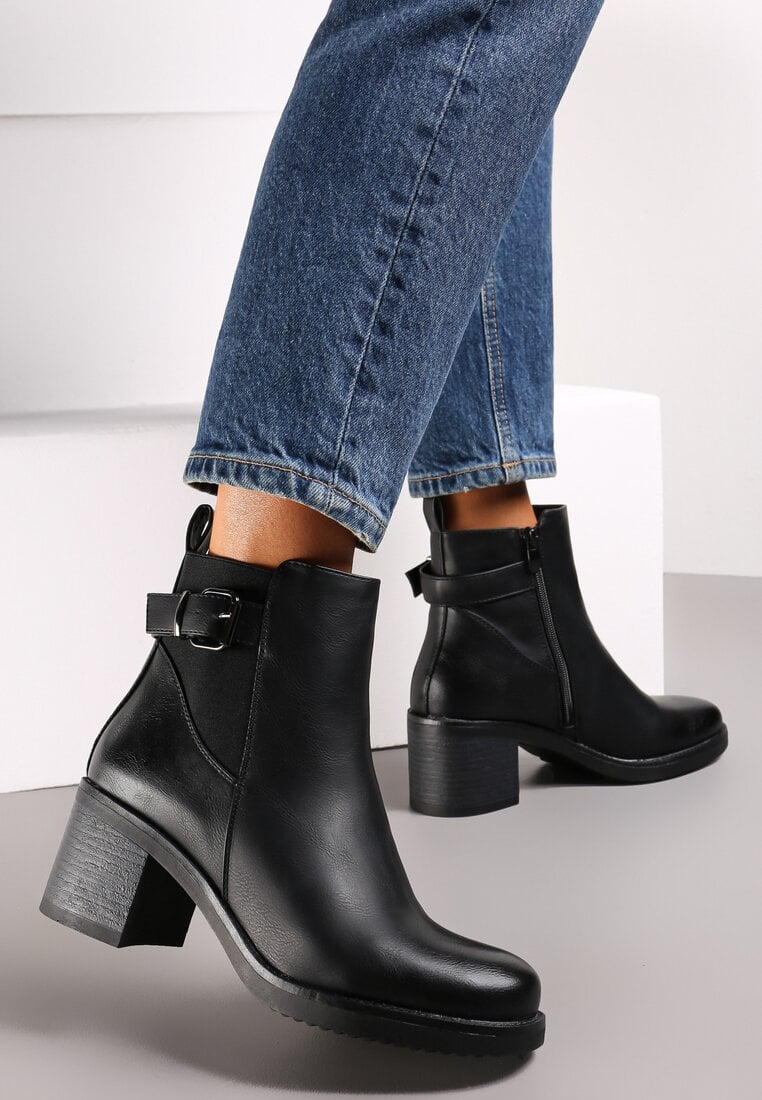 Botine Negre cu toc gros, cu curea și cataramă decorativă Xaline