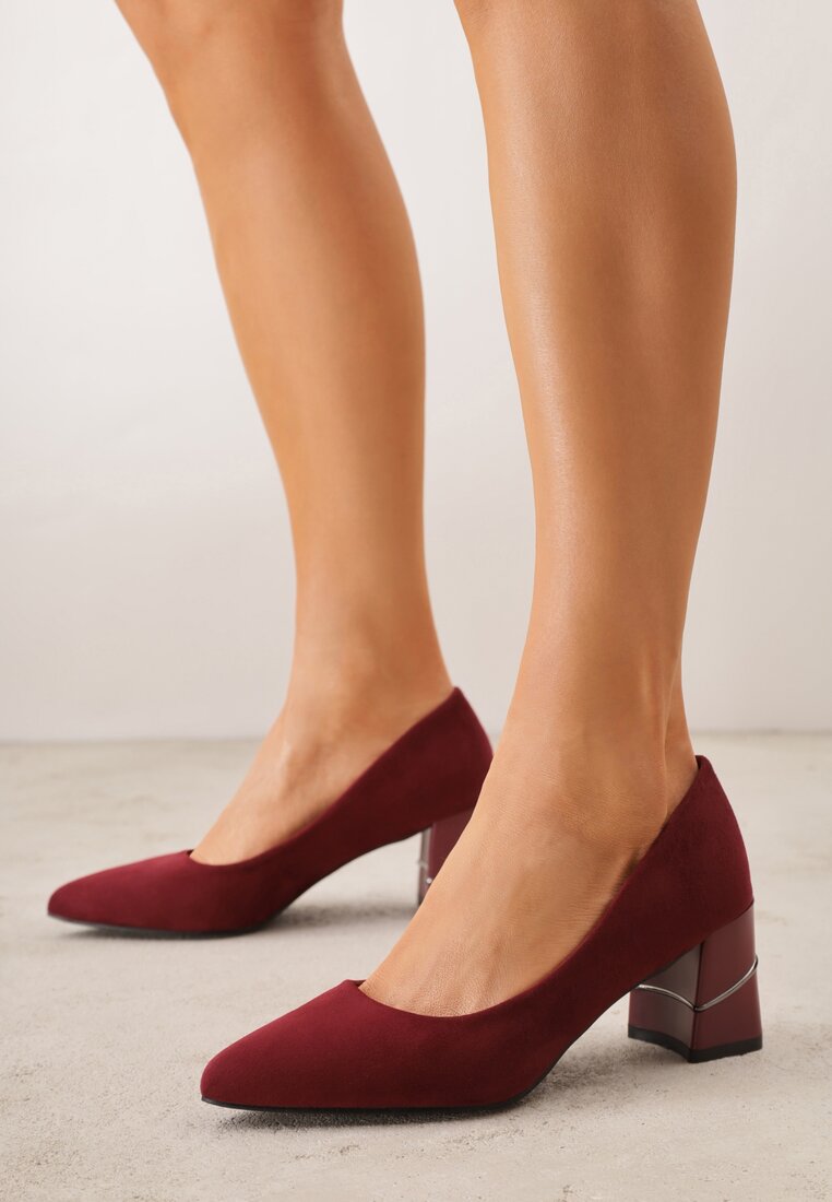 Pantoofi Bordeaux din eco-piele întoarsă cu toc bloc cu garnitură metalică Amolna
