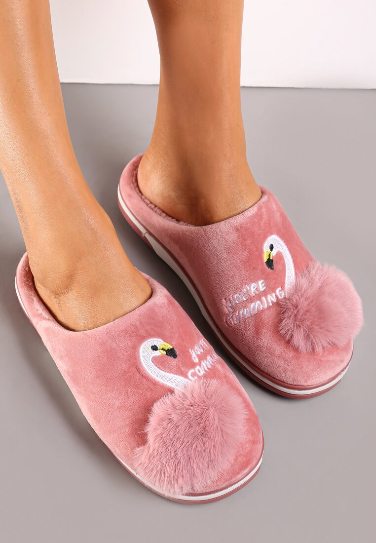 Papuci Roz închis pe Talpă Plată cu Pompon și Broderie Xamela