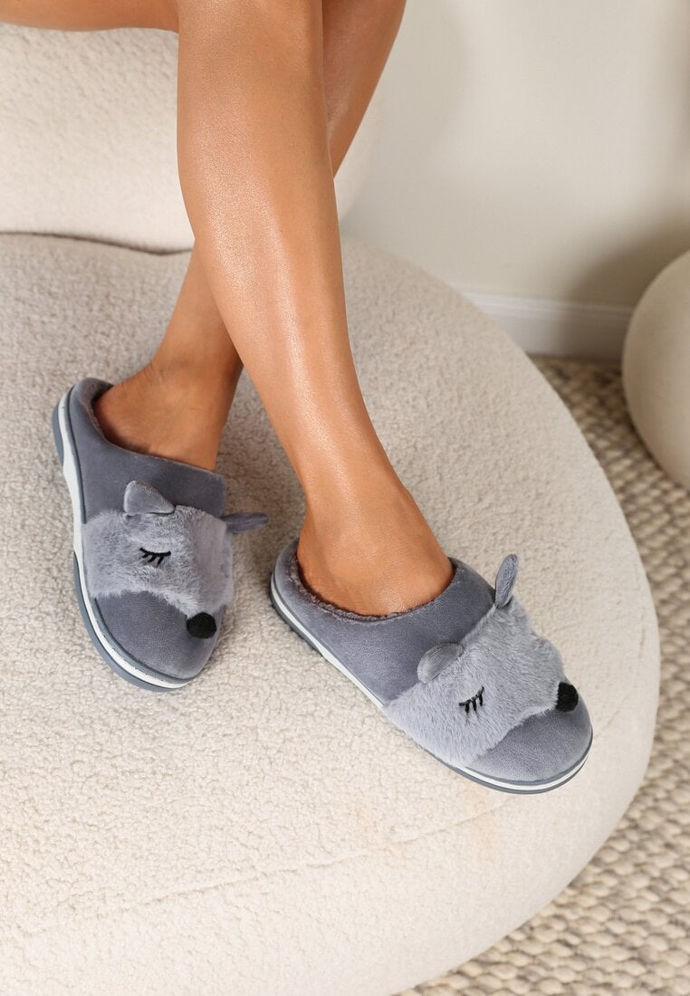 Papuci Gri cu Blană și Imitație de Urechi Bervenka