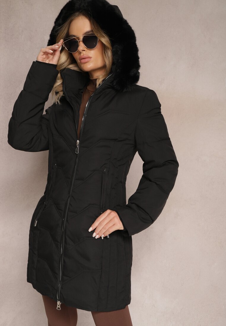 Geacă Neagră tip Palton cu Matlasare și Glugă cu Blană Mavila