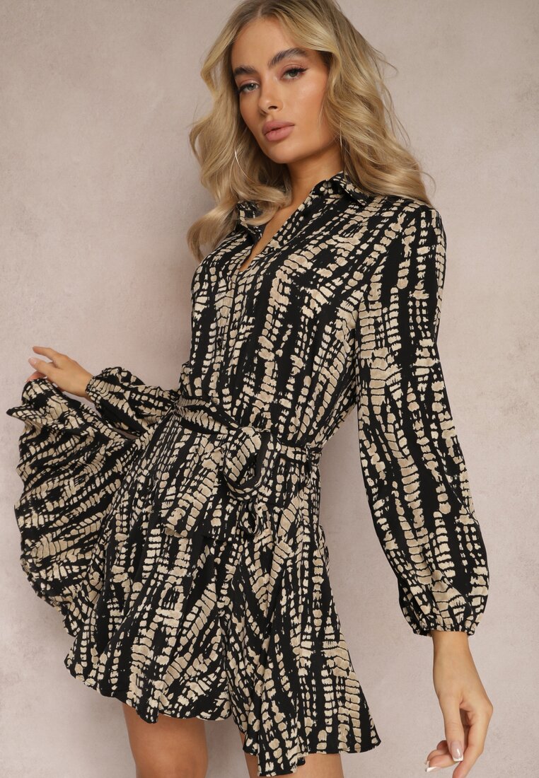 Rochie Cămașă Neagră Mini cu Volan și Curea Legată Anagal