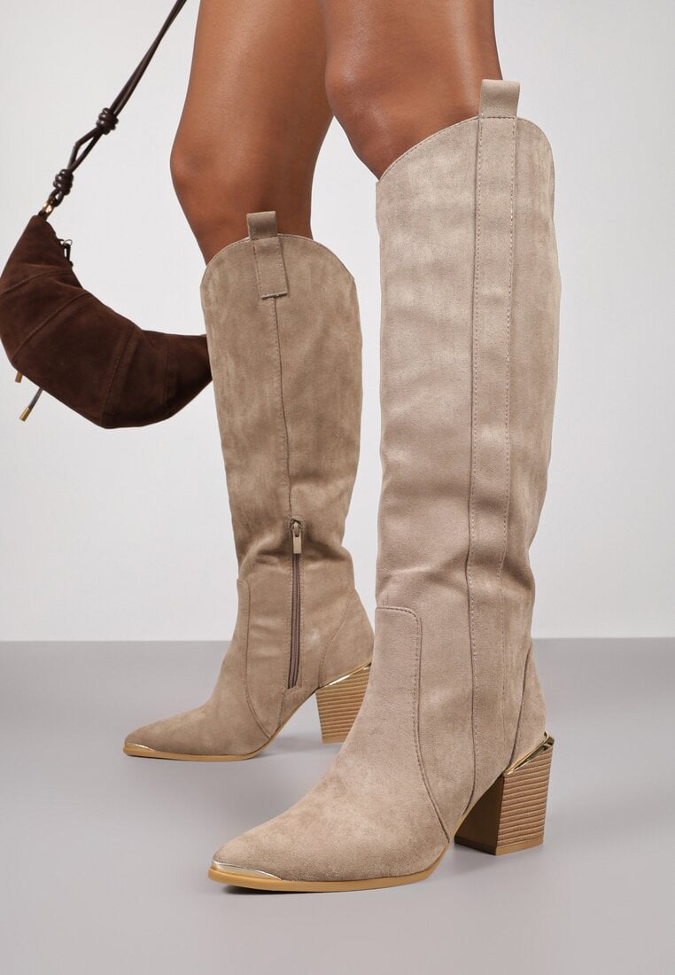 Cizme cowboy Bej închis până la genunchi cu vârf metalic Caspianna