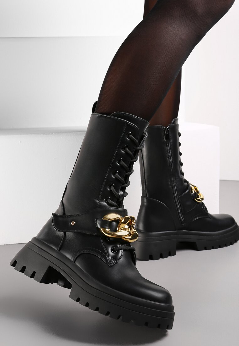 Botine Negre stil workeri înalți cu curea și lanț pe talpă groasă Evensa