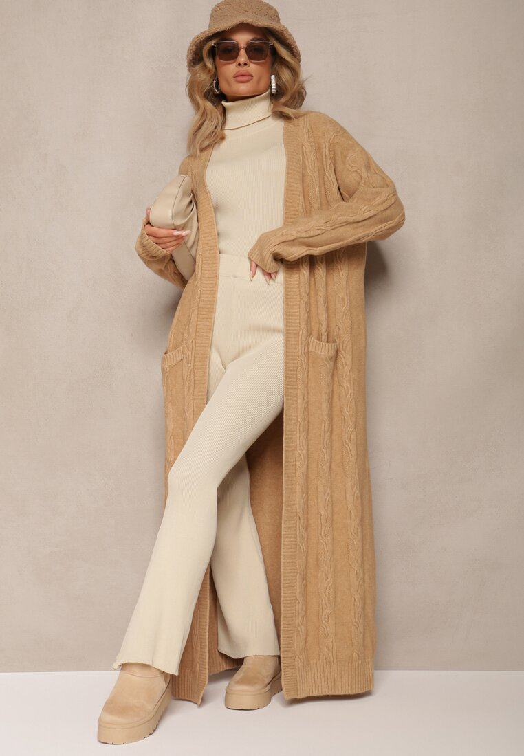 Cardigan Bej cu croială lungă neîncheiat cu model împletit Ottimia