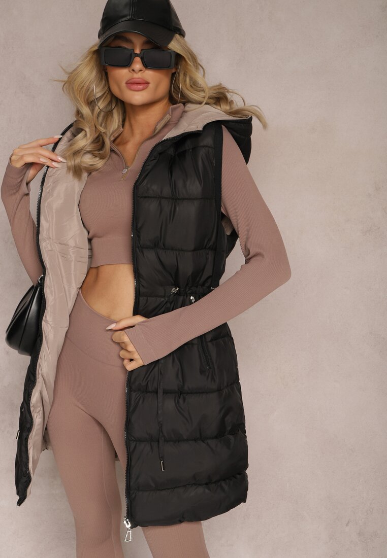 Vestă Matlasată Neagră Reversibilă cu șnur în talie cu croială alungită Selinorda