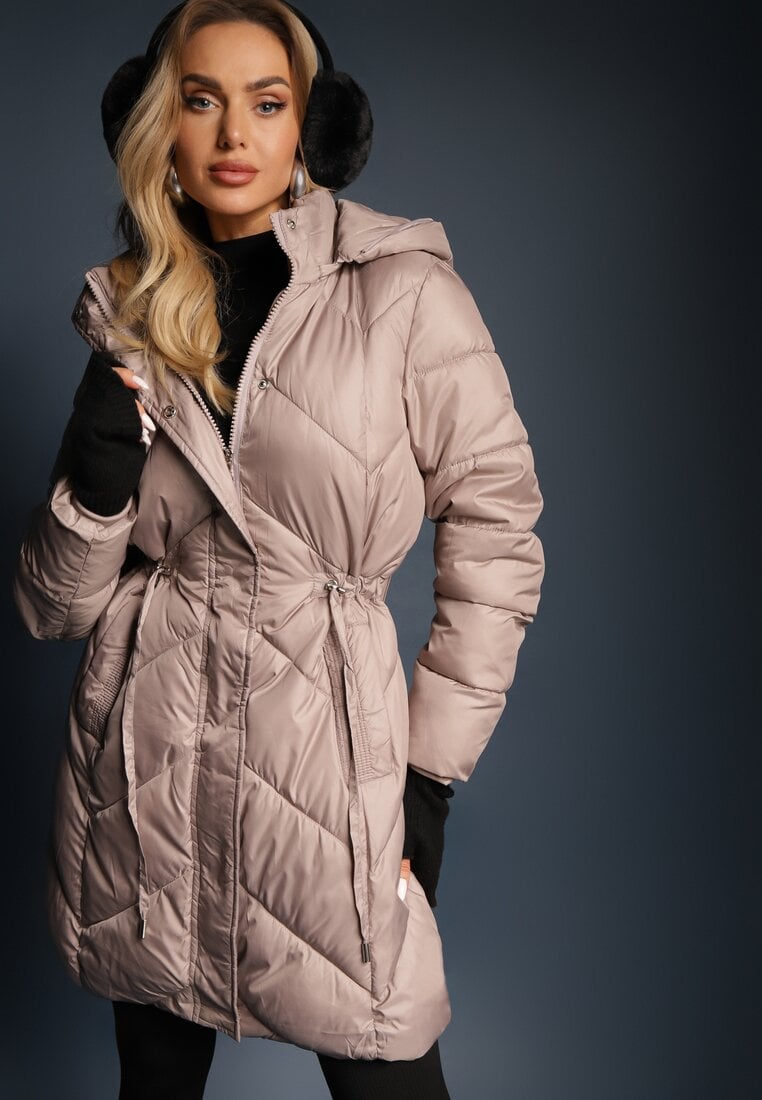 Geacă Lungă Matlasată Bej Stil Parka cu șnur în talie și blană artificială Abelasa