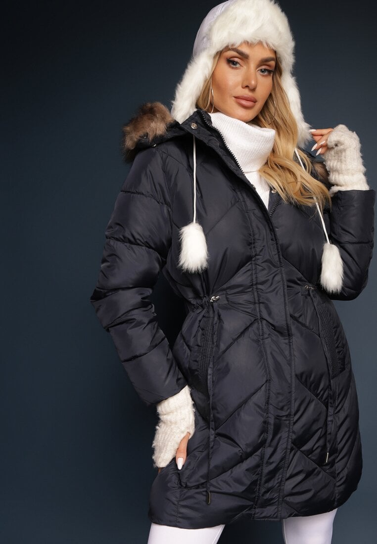 Geacă Bleumarin Lungă Matlasată Tip Parka cu șnur în talie și Blană Artificială Abelasa