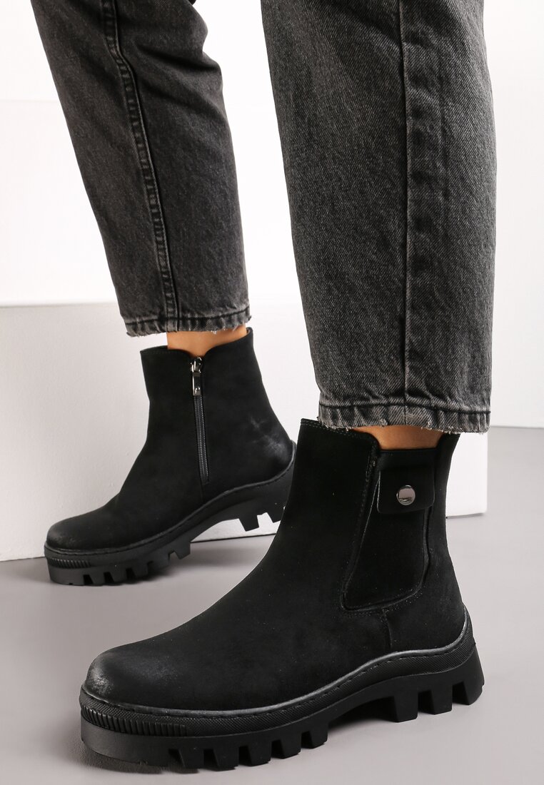 Botine Chelsea Negre din Piele Întoarsă Ecologică pe Talpă Groasă cu Protector Alske