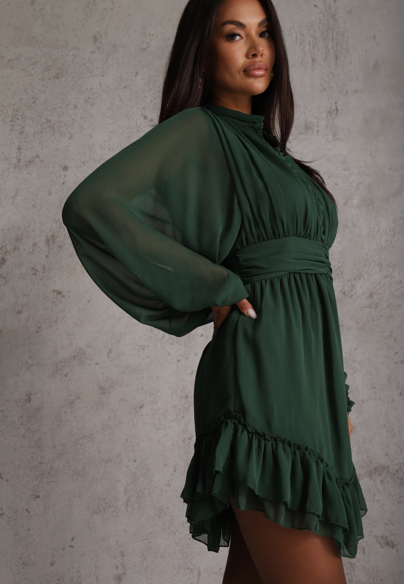 Rochie Mini Verde închis cu elastic încrețit și mâneci transparente Janay