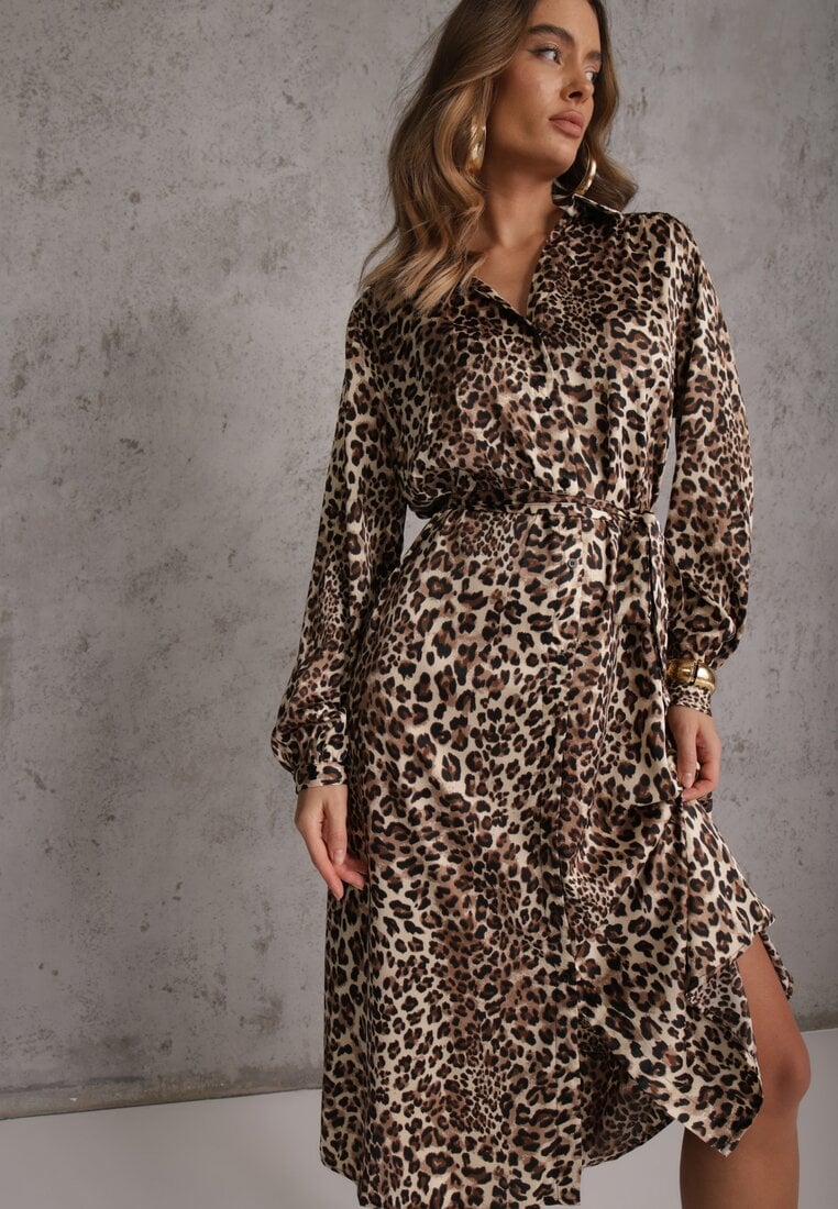 Rochie tip cămașă Maro cu imprimeu leopard cu cordon Ramalli