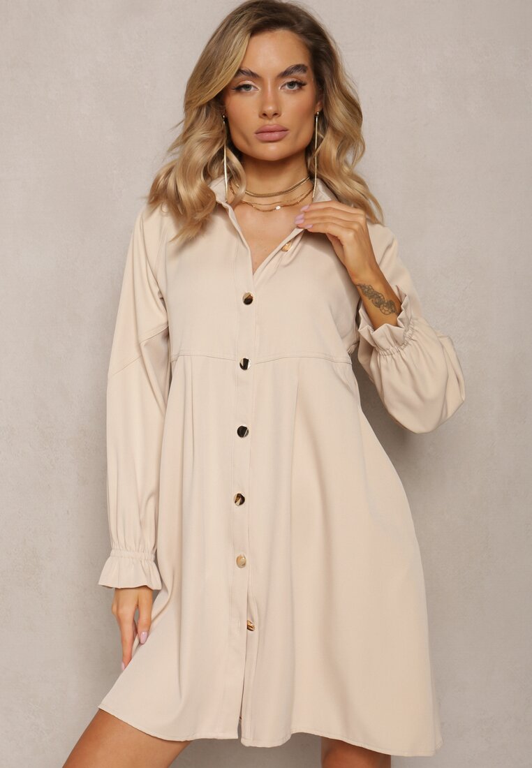 Rochie Bej Cloș Tip Cămașă Mini Nofexi