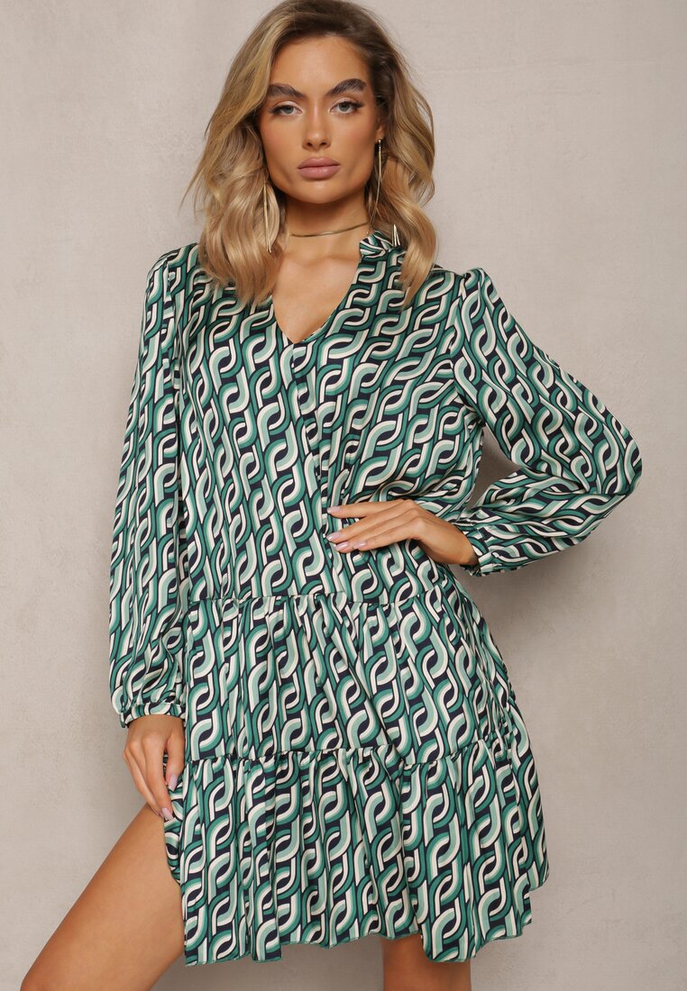 Rochie Verde Evazată cu Volan și Decolteu în V Sekele