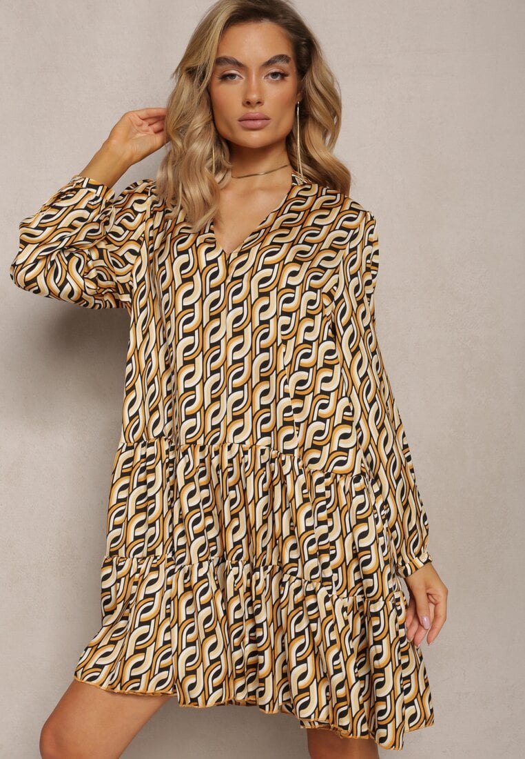 Rochie Bej Evazată cu Volan și Decolteu în V Sekele