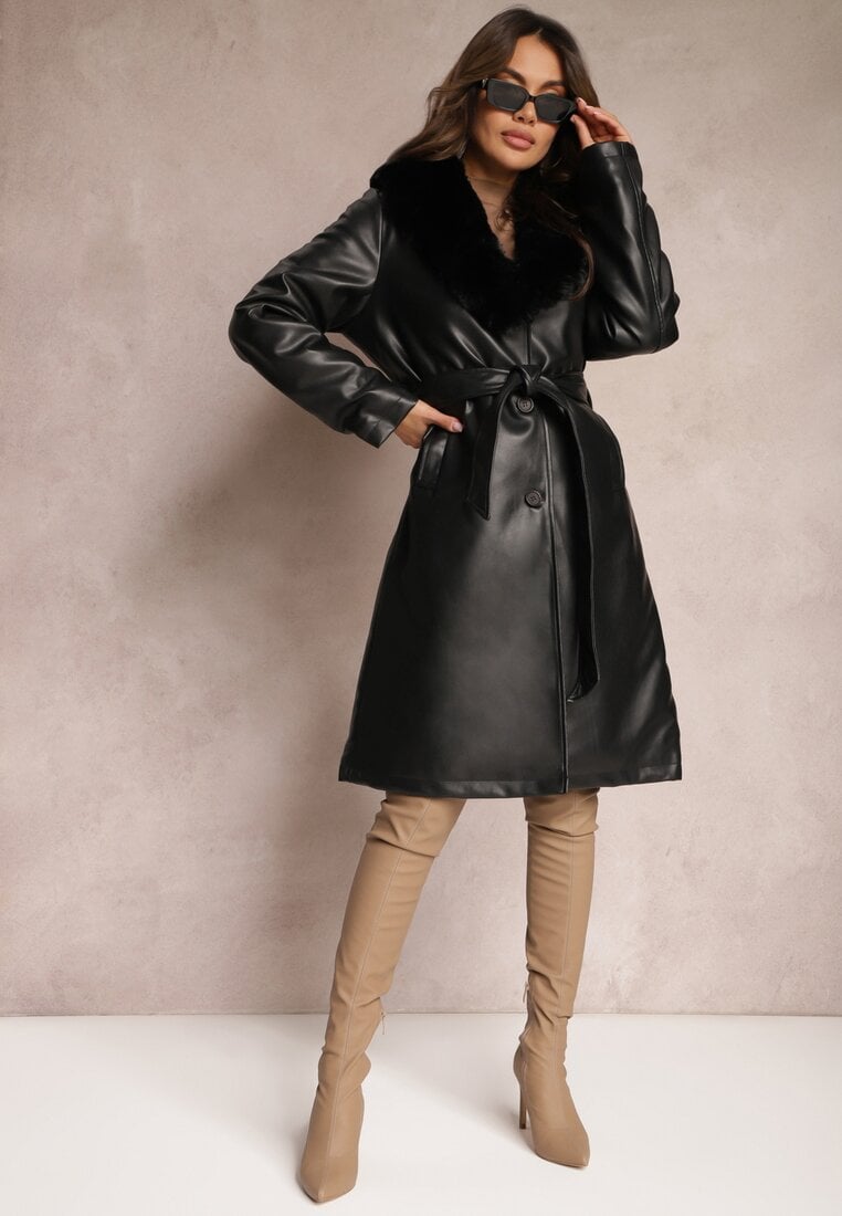 Palton Negru din Piele ecologică și cu guler de blană și curea în talie Talra