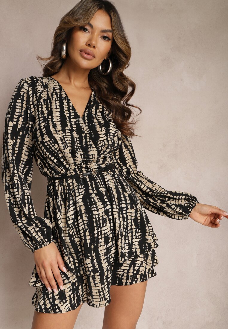 Rochie Mini Neagră cu croială petrecută și imprimeu stil piele de șarpe Pariars
