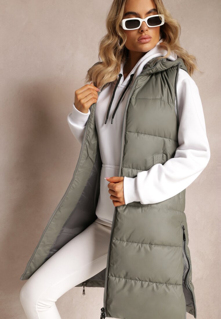 Vestă Gri Lungă Matlasată cu Glugă Nedetașabilă Faelissa
