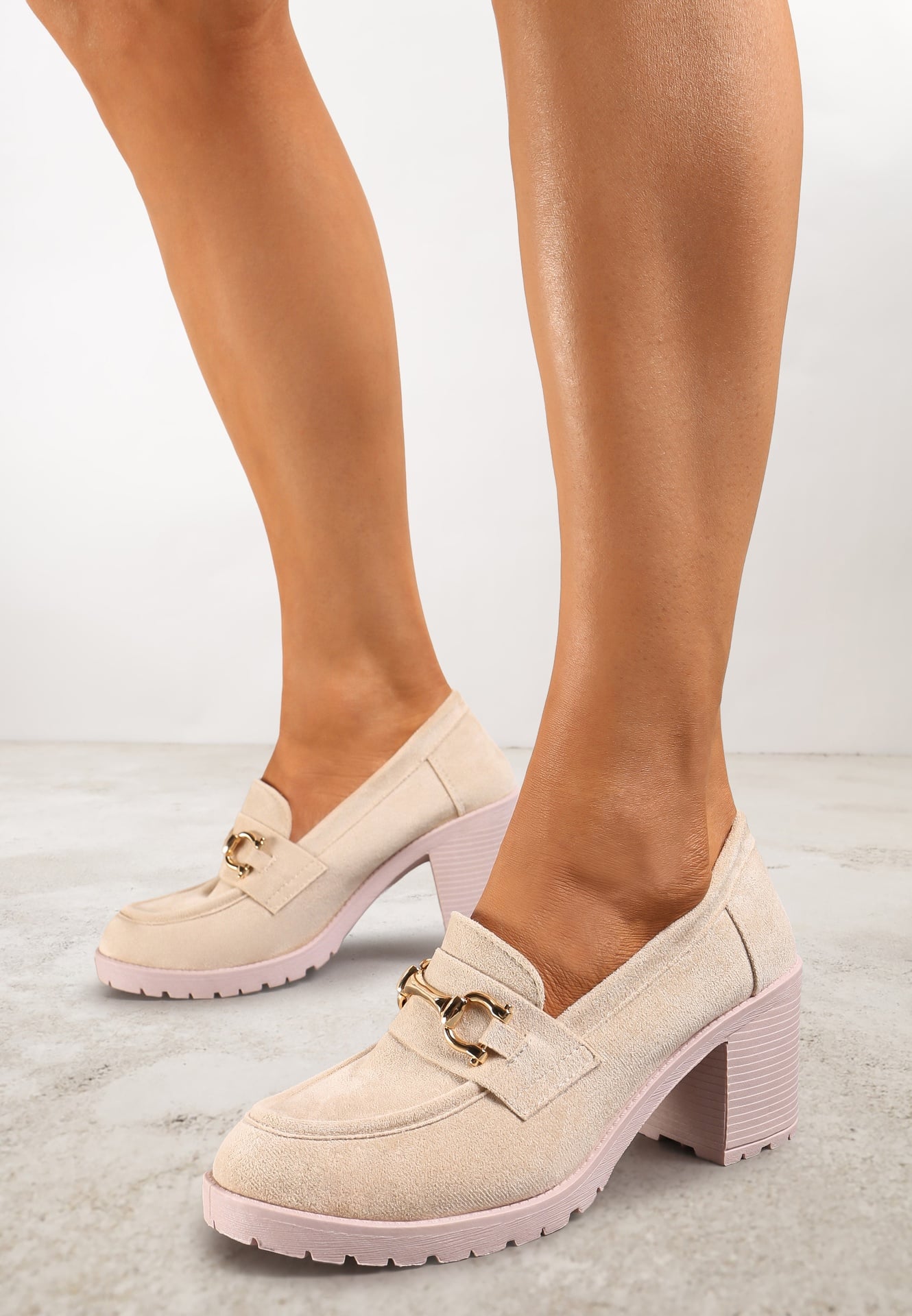 Pantofi Bej Mocasini cu toc gros cu platformă Decorați cu cataramă Acridna