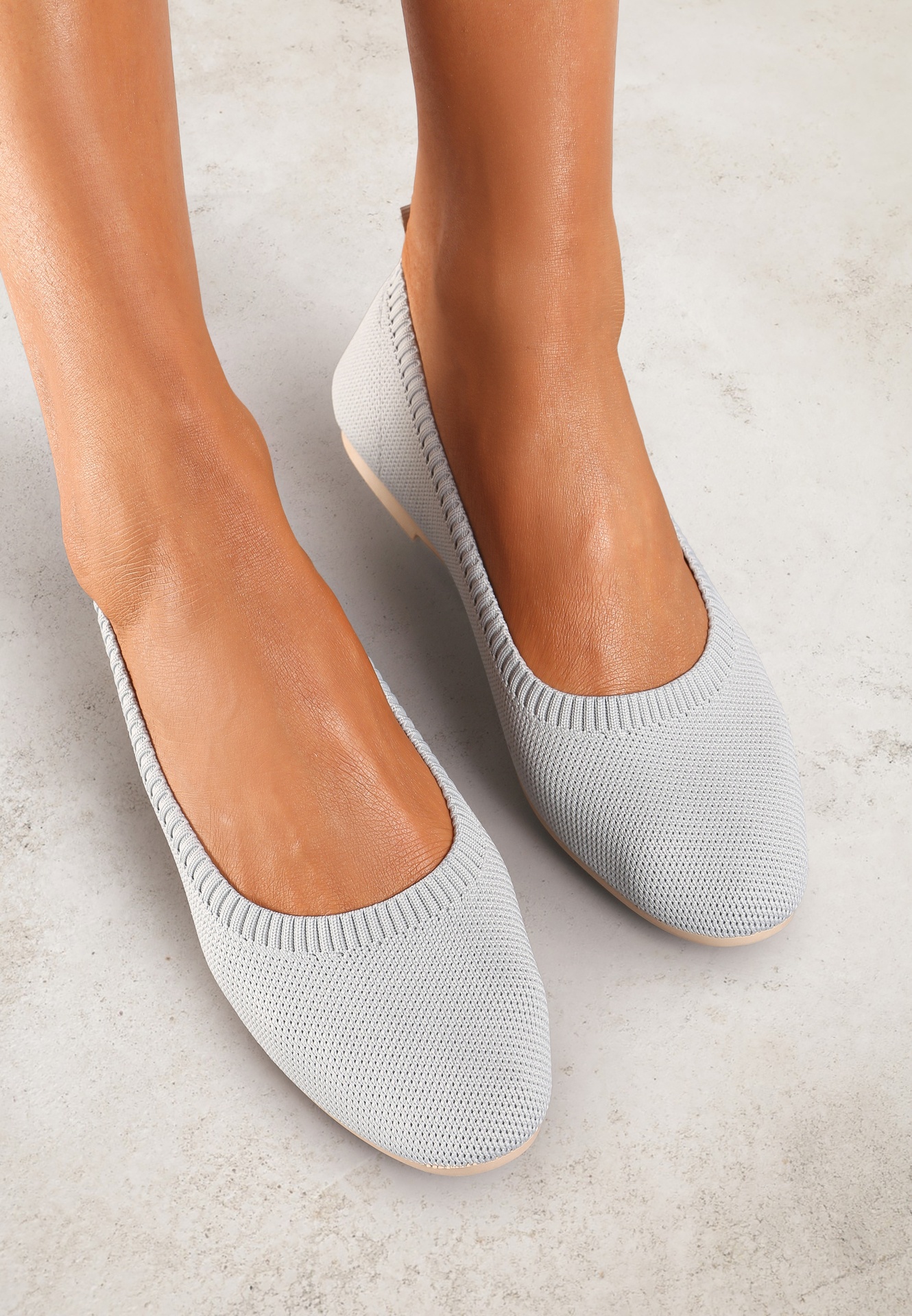 Balerini Gri cu Vârf Rotund și Partea Superioară din Material Mililena