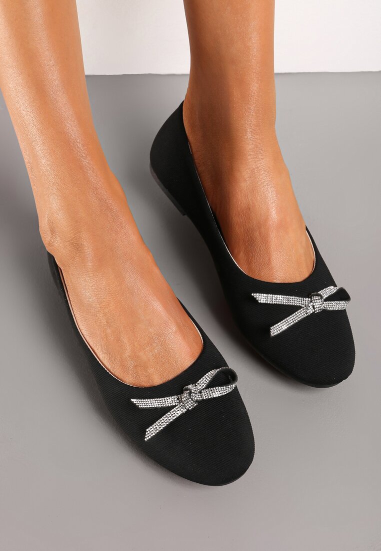Balerini Negre Slip-on cu Talpă Plată decorate cu Fundă și Strasuri Pimenna