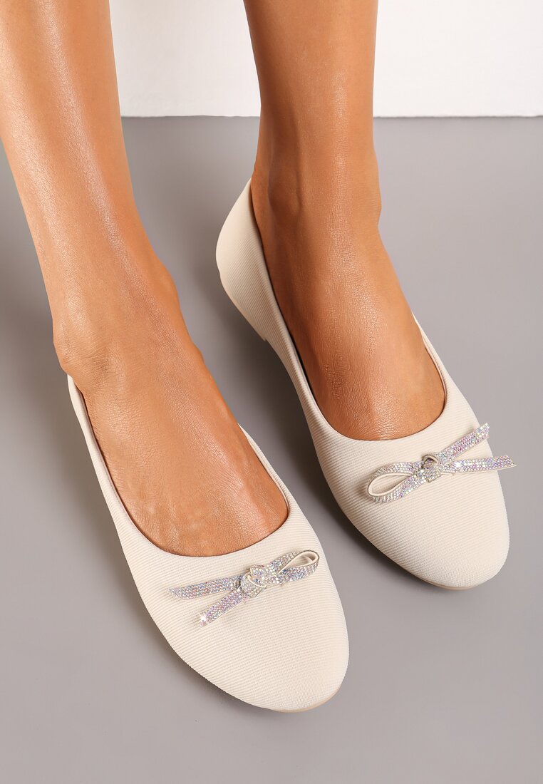 Balerini Bej tip slip-on cu talpă plată Decorați cu fundă și strasuri Pimenna